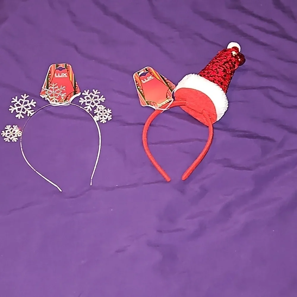 Lux Kids Holiday Headbands Silver Sparkle Snowflakes Red Jingle Bell Santa Hat